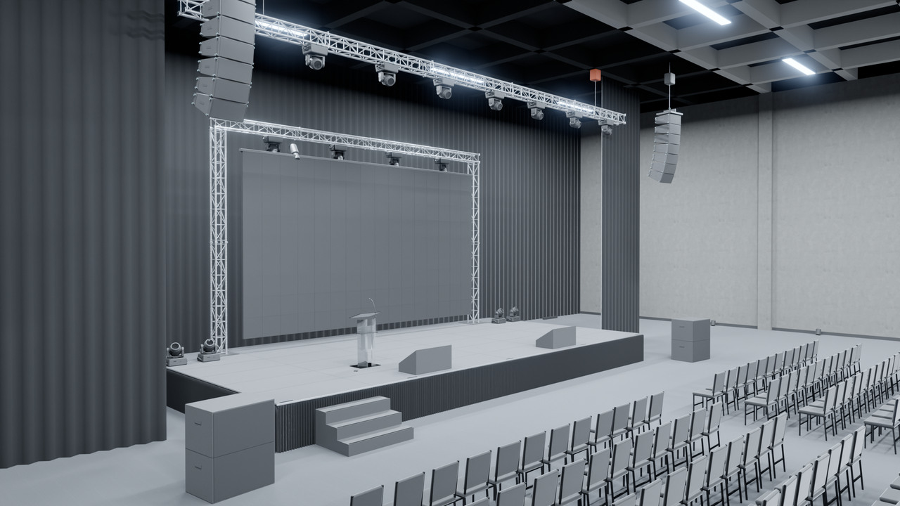 O salão na luz de serviço, antes das portas abrirem: palco de praticáveis, trave de box truss com o painel de LED, vara de luz e PA.